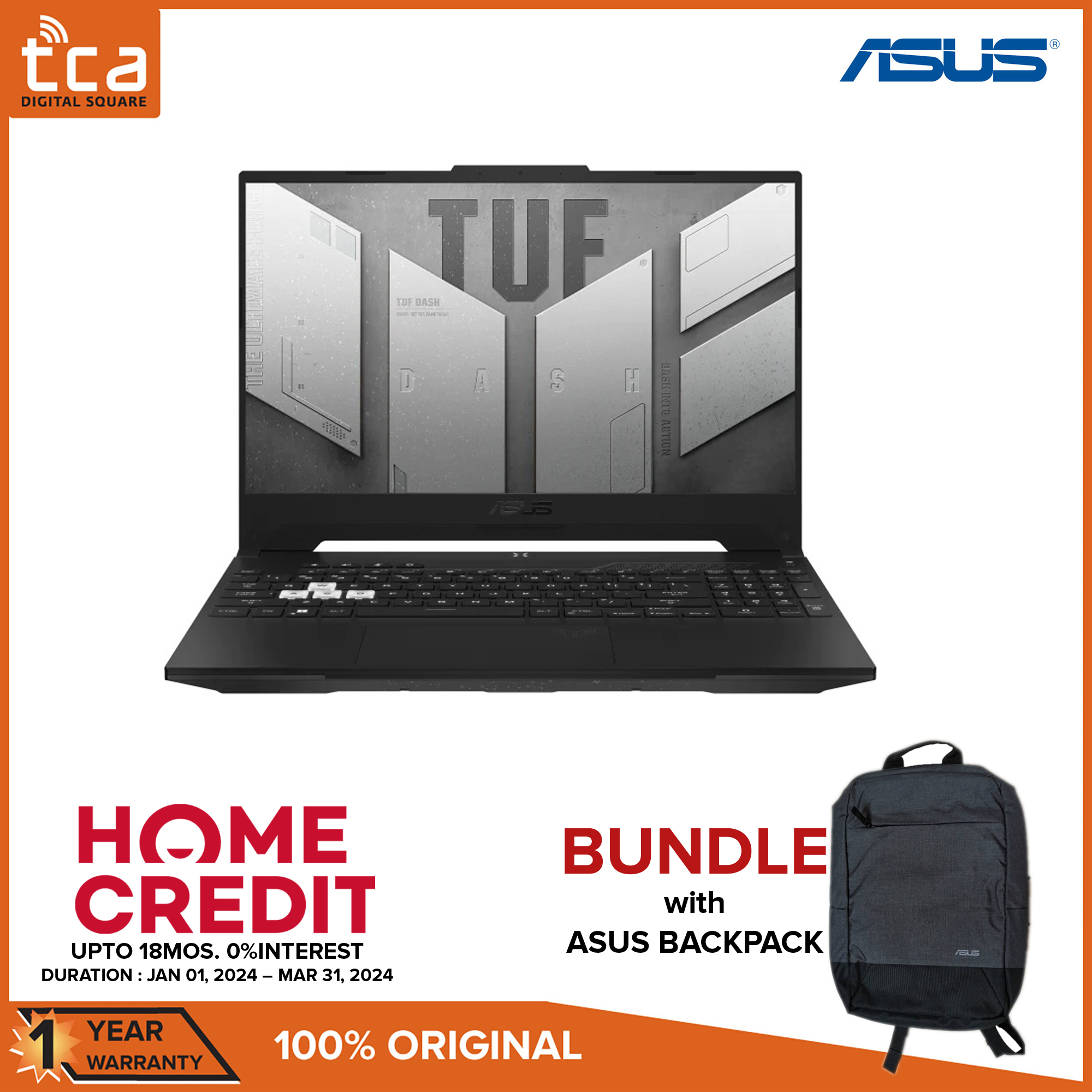 Asus TUF Dash F15 FX517ZR-HN036W | Intel® Core™ i5-12450H | 512GB PCIe® |  8GB DDR5 | 15.6-inch | NVIDIA® GeForce® RTX™ | Windows 11 Home – UPTO  12MOS.