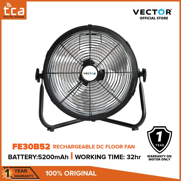 Vector FE30B52 Rechargeable DC Fan, 12" Metal Blade with 5200mAH Battery Capacity
